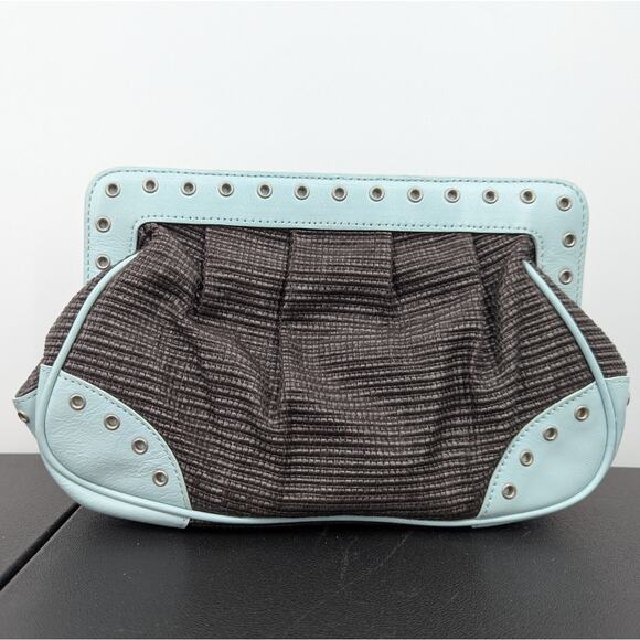 VTG Y2K Kate Landry Matching Handbag & Clutch Set Brown Woven Blue Leather Trim - Picture 9 of 14